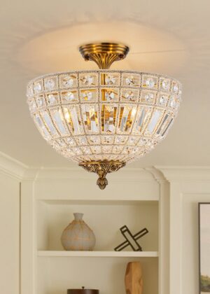 3-Light Brass Crystal Crystal Glass Flush Mount Chandelier