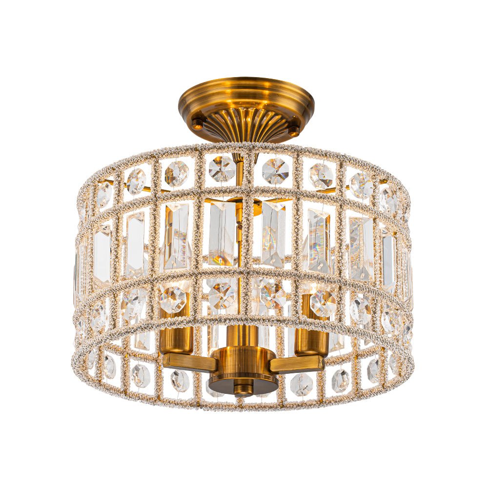 3-Light Brass Crystal Drum Flush Mount Chandelier - Image 5