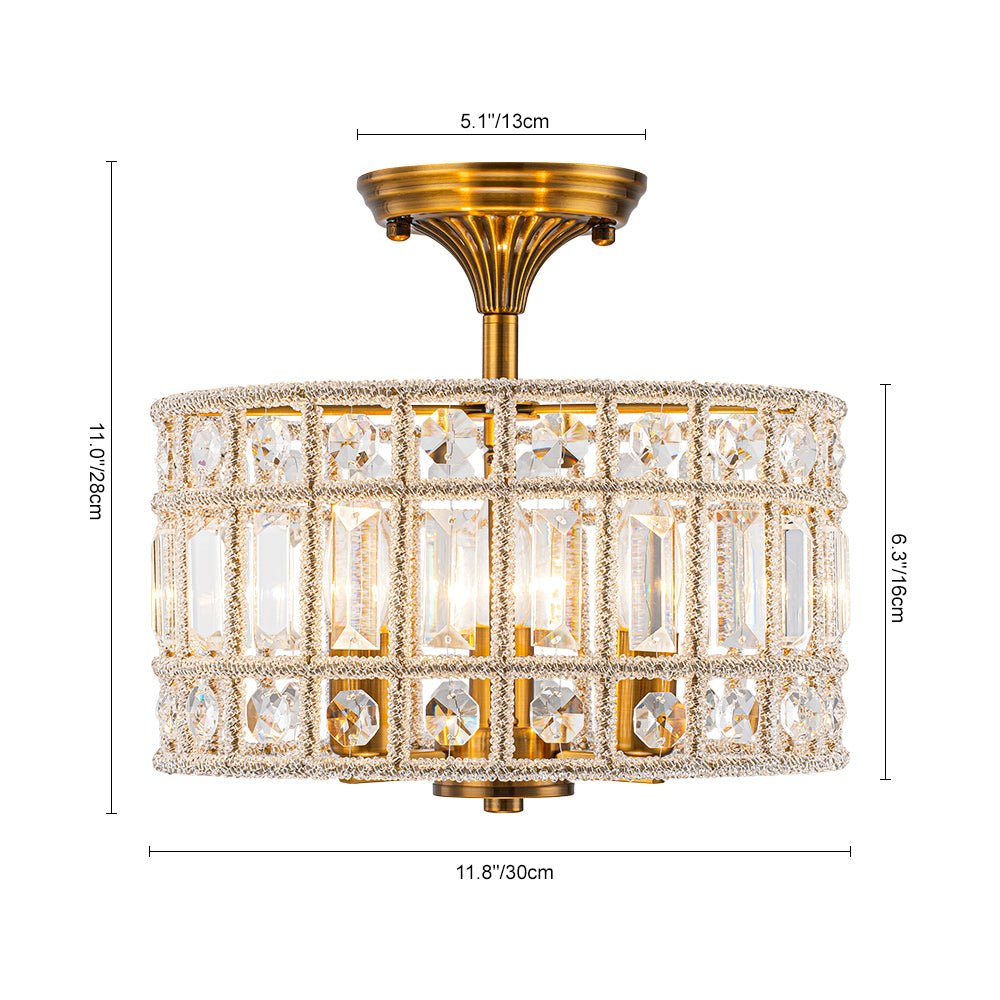 3-Light Brass Crystal Drum Flush Mount Chandelier - Image 3