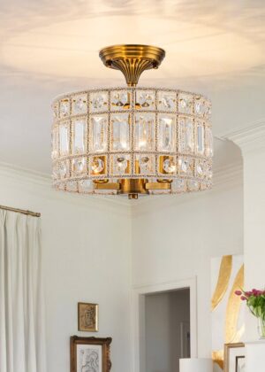 3-Light Brass Crystal Drum Flush Mount Chandelier